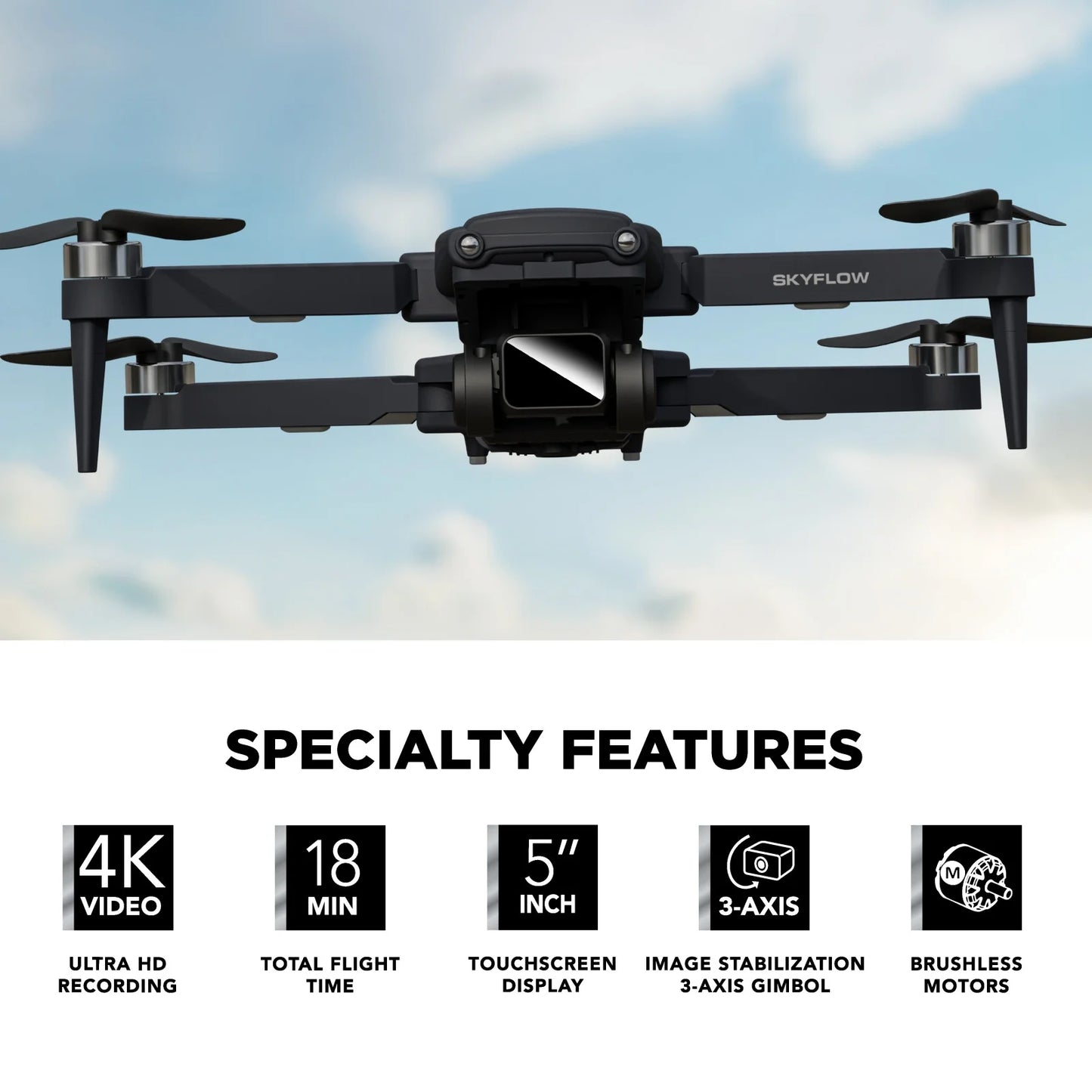 SKYFLOW GPS Foldable 4K UHD Camera Drone for Adults with Live Video Feed, 5" Touchscreen Remote, 3-Axis Gimbal, Brushless Motors, Auto Return, Optical Flow & Carry Case