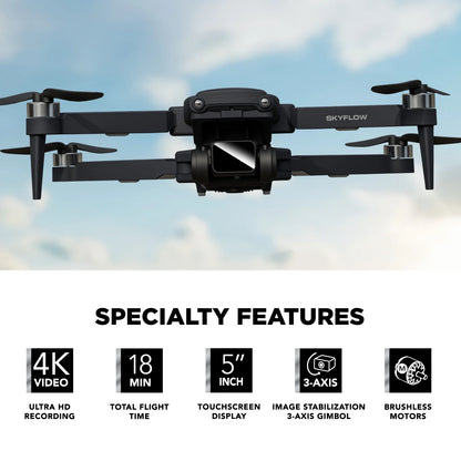 SKYFLOW GPS Foldable 4K UHD Camera Drone for Adults with Live Video Feed, 5" Touchscreen Remote, 3-Axis Gimbal, Brushless Motors, Auto Return, Optical Flow & Carry Case