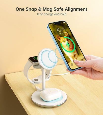 3 in 1 Wireless Charging Station for Apple Devices, 15W Fast Wireless Mag-Safe Charger Stand with 20W Adapter for Iphone 17 16 15 14 13 12 Pro Max/Air/Plus/Pro/Mini,Iwatch,Airpods (White)